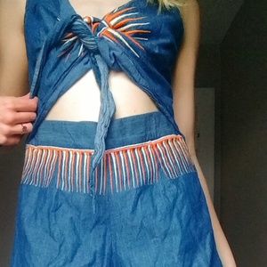 Anthropologie Judith March Cross tie Denim Romper